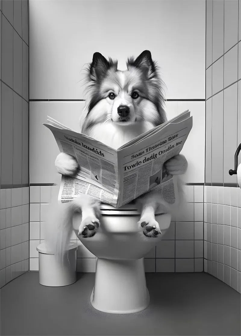 Canvasposter - Hond op Toilet - Zwart/Wit
