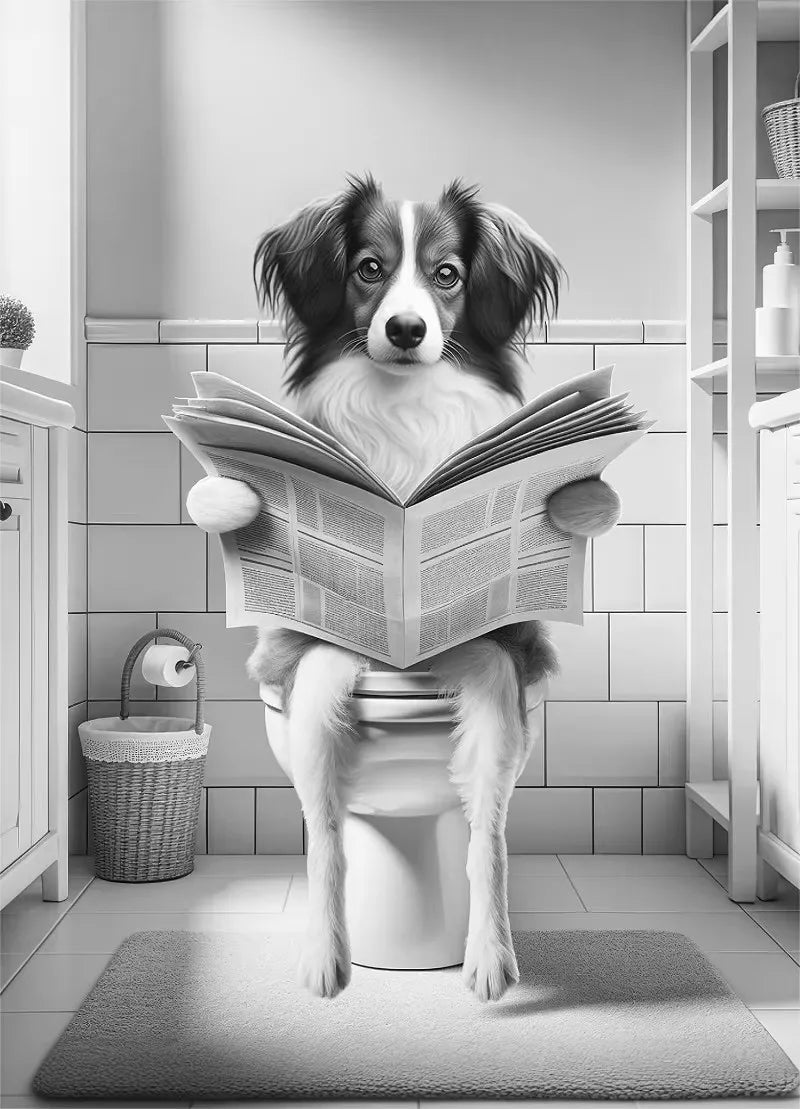 Canvasposter - Hond op Toilet - Zwart/Wit