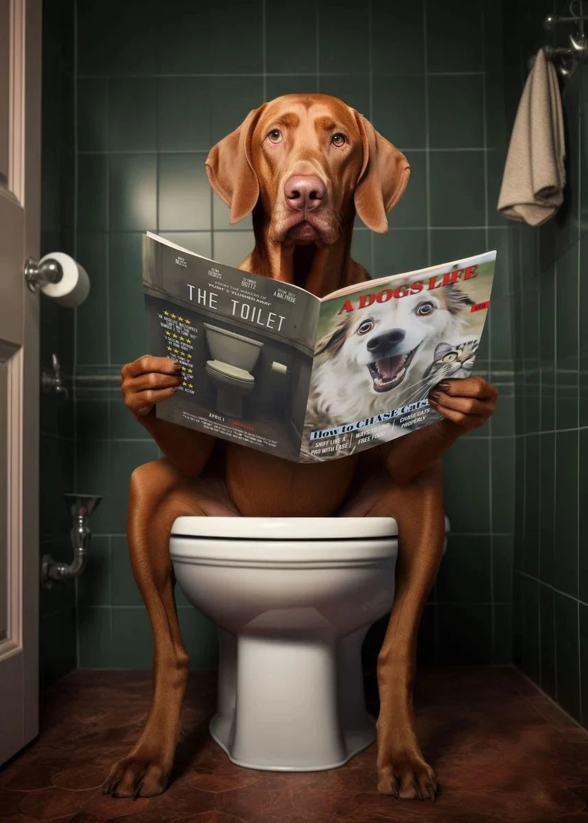 Canvasposter - Hond op Toilet - Donkere Stijl