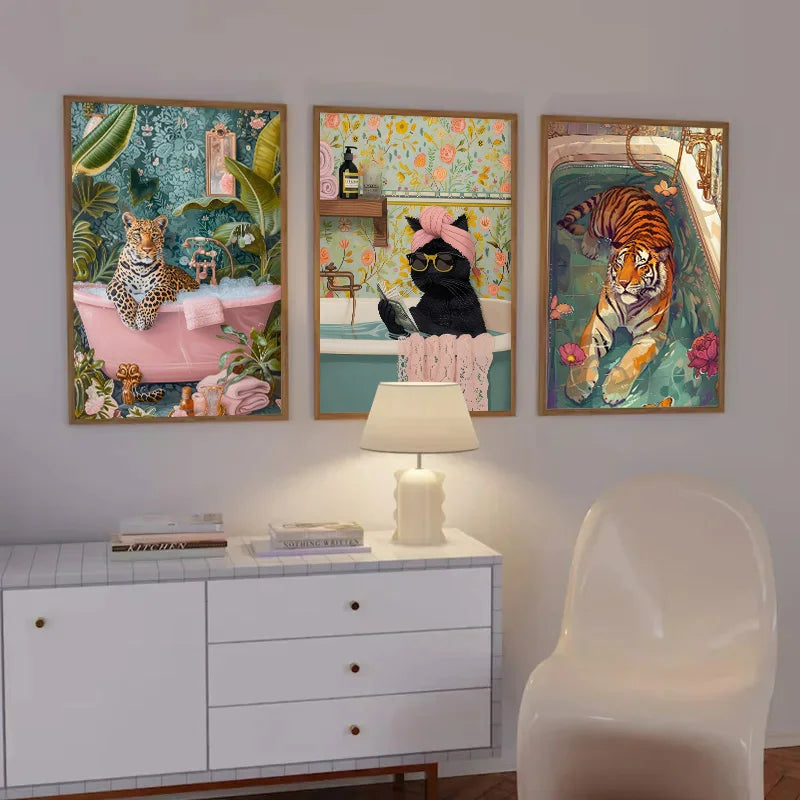 Canvasposter - Zwarte Kat in Bad