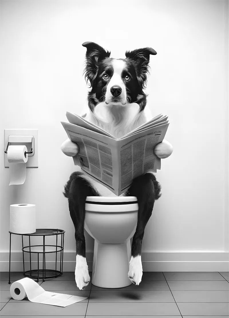 Canvasposter - Hond op Toilet - Zwart/Wit