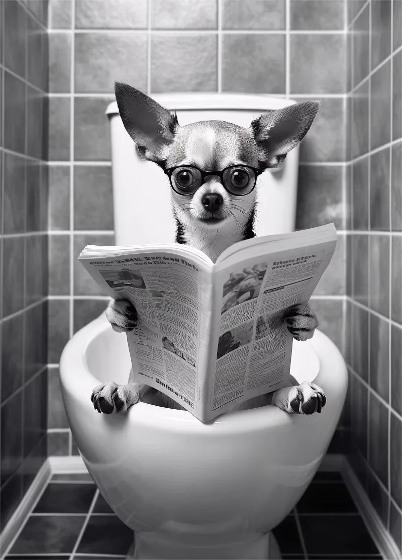 Canvasposter - Hond op Toilet - Zwart/Wit