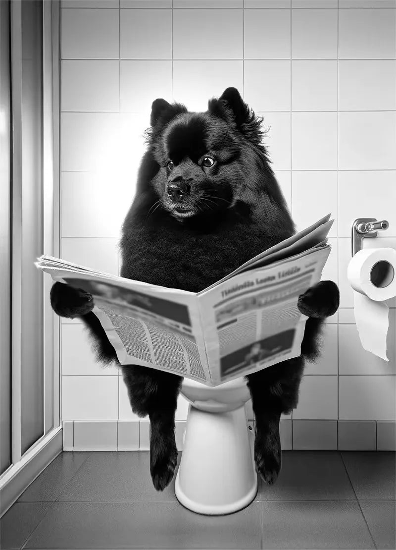 Canvasposter - Hond op Toilet - Zwart/Wit