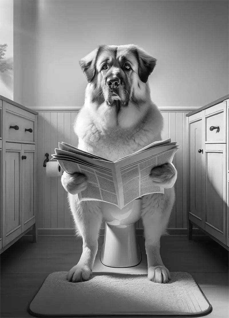 Canvasposter - Hond op Toilet - Zwart/Wit