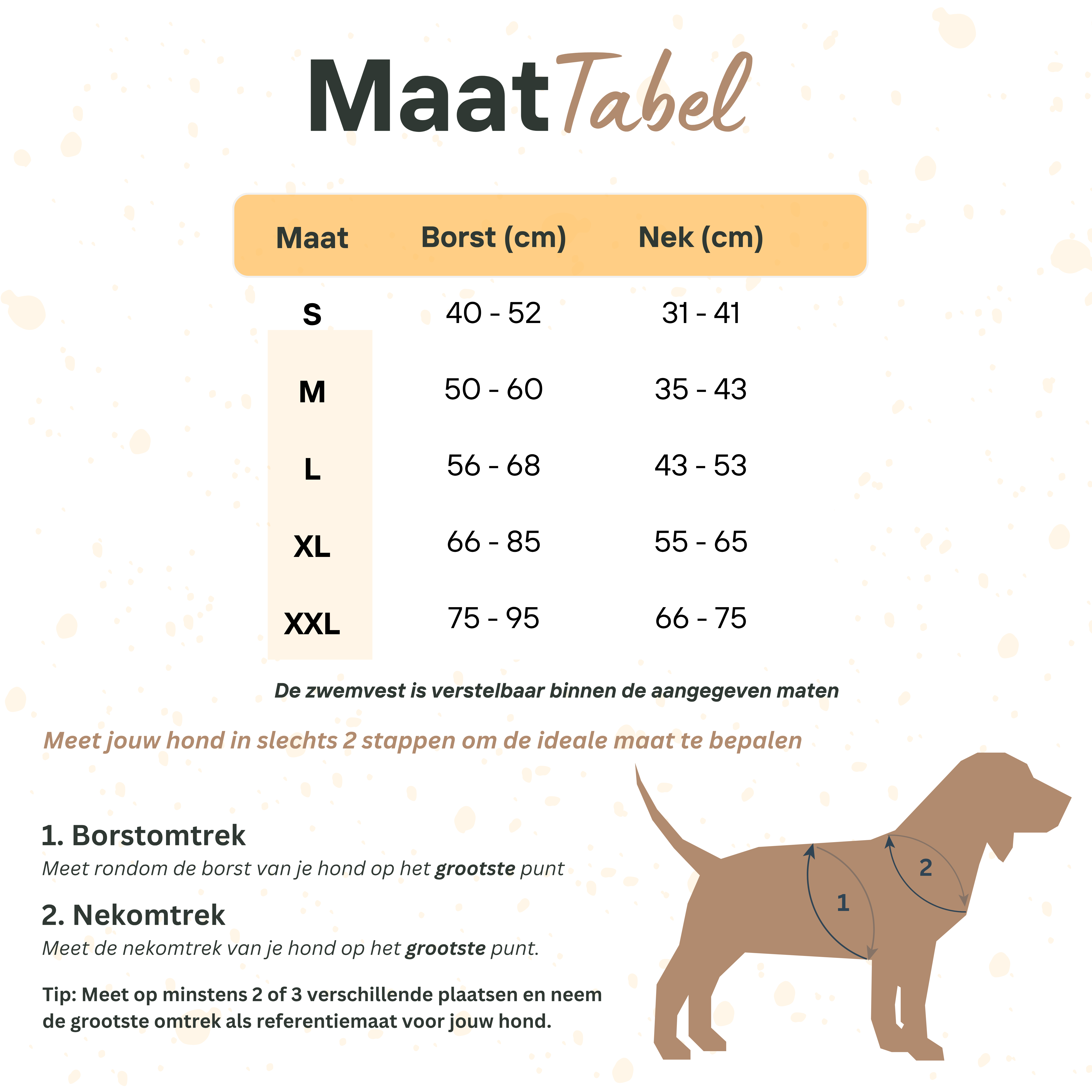 Gele-Blauwe zwemvest voor honden Maattabel