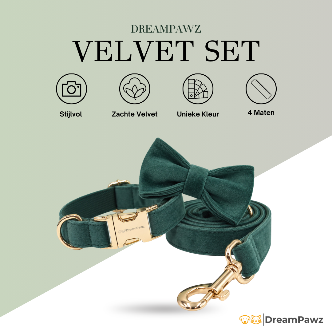 3-Delige Luxe Velvet Hondenset - Halsband, Strik en Leiband