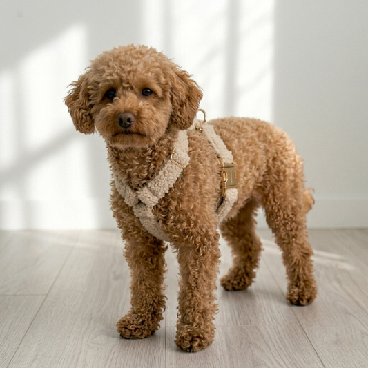 beige teddy ready tuigje gedragen door hond